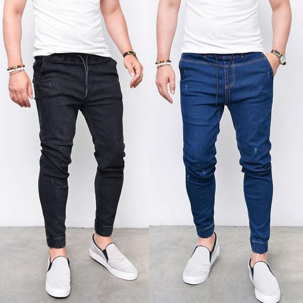 

cysincos 2019 new spring autumn long pencil pants casual slim jeans mens brands fit slim trousers elastic waist male pantalones, Blue