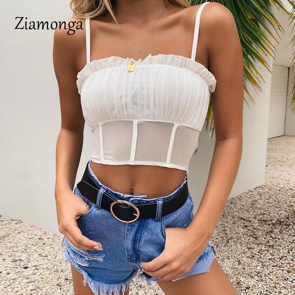 

ziamonga spaghetti straps mesh patchwork ruffles cami 2019 summer women fashion party club streetwear solid crop, White