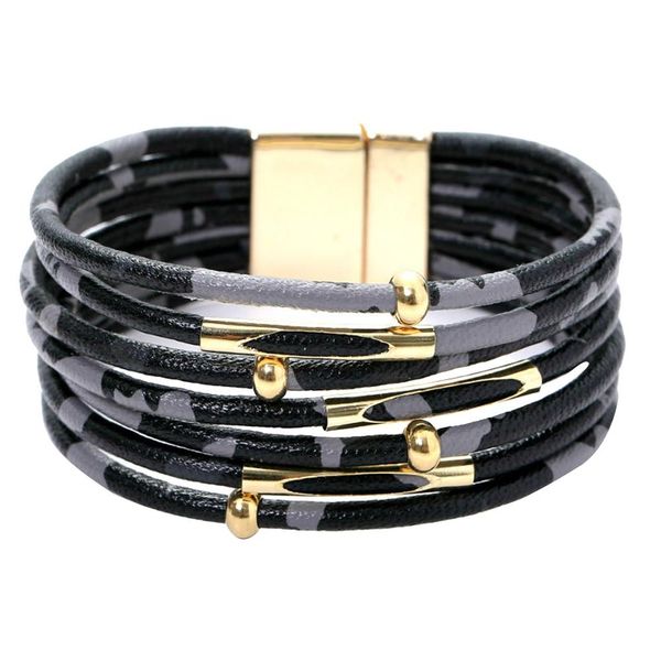 

leopard women metal pipe charm multi-layer faux leather wrap magnetic bracelet, Black