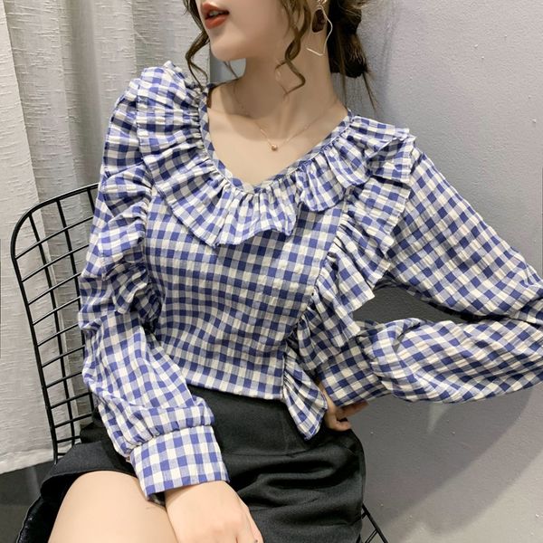 

2020 early autumn new sweet temperament ruffles v-neck loose slimming retro contrasting plaid long-sleeved shirt women, White