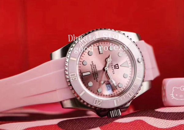 

mens automatic asia 2813 baselworld watch men pink ceramic bezel pink dial sapphire rubber sport casual sub watches perpetual wristwatches, Slivery;brown