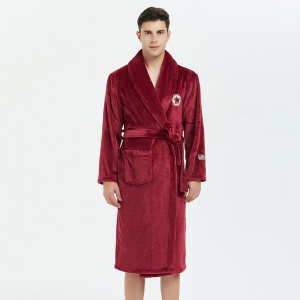 

men flannel robe burgundy sleepwear casual bathrobe gown warm kimono gown nightwear colar fleece nightgown soft lounge homewear, Black;brown