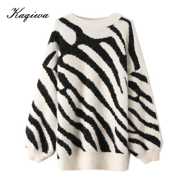 

women's sweaters autumn winter 2021 korean round neck slouchy wind irregular stripe long sleeve thick outside knitting sweater b-174, White;black