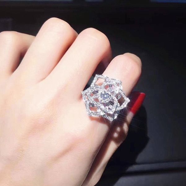 

luxurious full cz shiny crystal hollow rose flower finger rings for women 2019 cute girl engagement party jewelry bague, Silver