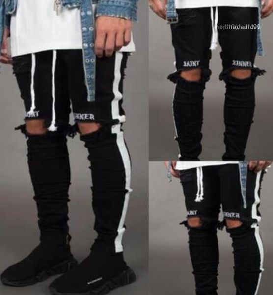 

скейтборд карандаш брюки мужские new jean pantalones street black holes designer white stripes jeans hiphop, Blue