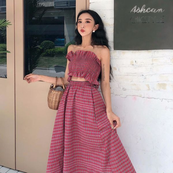 

plaid women's sets fashion holiday style women's clothing new summer ruffled pleated crop strapless+long skirt two piece set, White