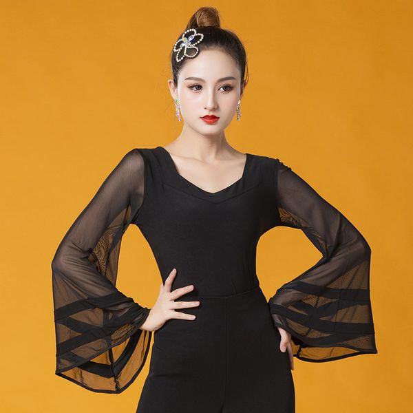 

black latin dance mesh trumpet sleeved standard salsa clothes women's ballroom samba dance wear practice shirt dl4731, Black;red