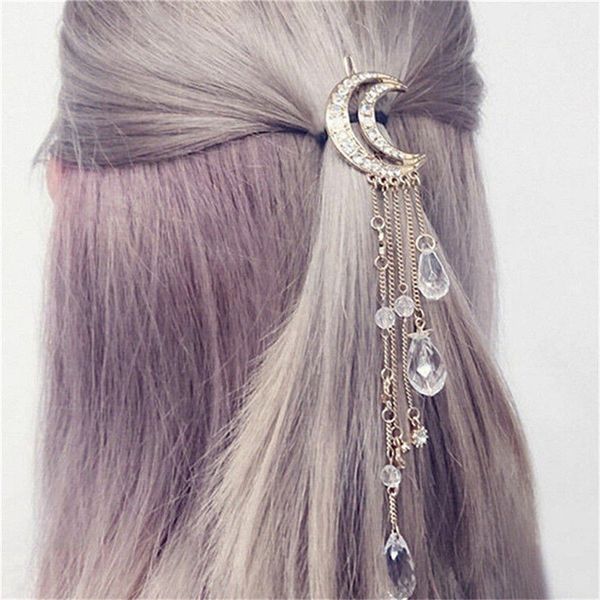 

moon crystal rhinestone beads dangle hairpin hair clip women bridal jewelry elegant simple designminimalist gold accessories, Golden;white