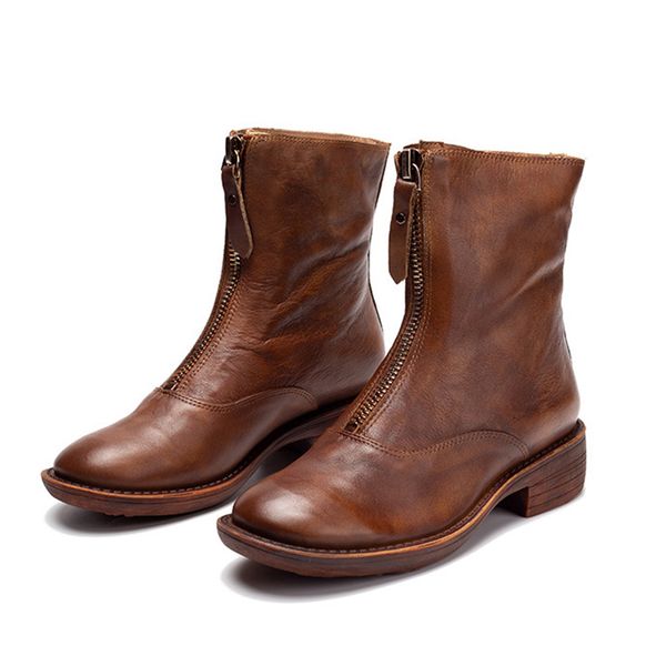 

style cow full grain natural leather ankle boots shoes women footwear brown round toes riding shoes for women winter 19, Black