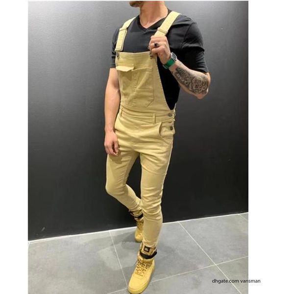 

new jumpsuits hi street distressed denim bib overalls for man fashion men's ripped jeans suspender pants size fast shipping, Blue