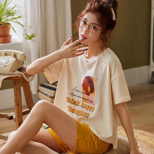 

cute women cotton pajamas set short sleeve 2pcs sleepwear casual 2 pcs shirt&shorts female pajamas suit soft home wear, Black;red