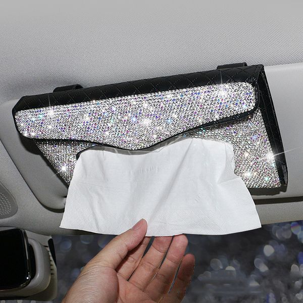

crystal diamond car tissue box for sun visor leather auto hanging tissue box diamond sunshade case girls car accessories