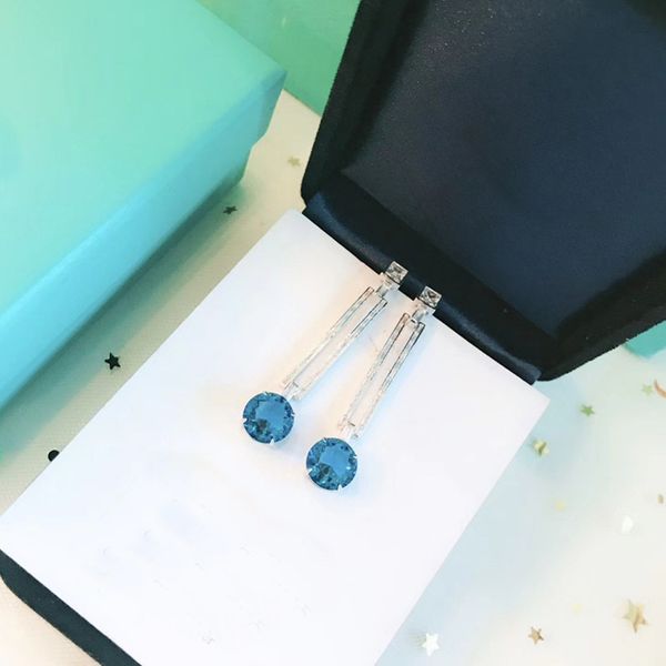 

925 sterling silve earrings for women blue crystal rectangular hollow tassel earrings fashion jewelry 2020 korean style women, Silver