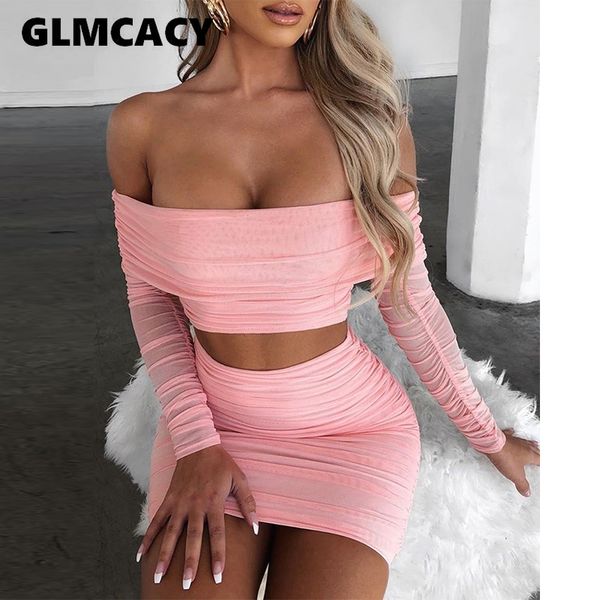 

off shoulder mesh ruched crop with skirts set women two piece matching sets, White