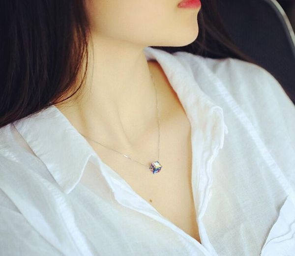 

новый 925 ювелирных изделий стерлингового серебра корейской моды подлинная light candy square кристалл ключицы цепи женщина ожерелье h293, Silver