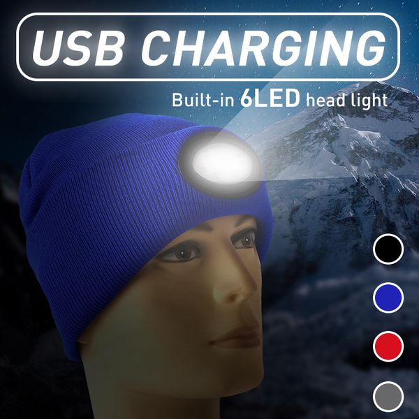 

6 led headlamp battery cap light winter beanies hat with head lamp light lantern for bicycle night fishing keep warm
