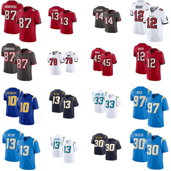 

los angeles charger justin herbert joey bosa derwin james austin ekeler tampa bay buccaneer tom brady rob gronkowski jerseys, Black;red