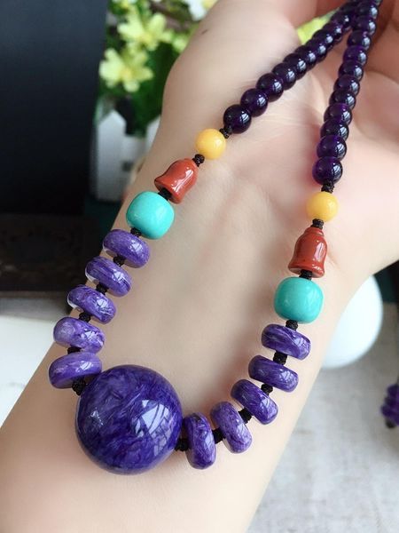 

d208 fine jewelry 100% натуральный чароит gemstone 45.5grams женский кулон ожерелья рождественский подарок, Silver