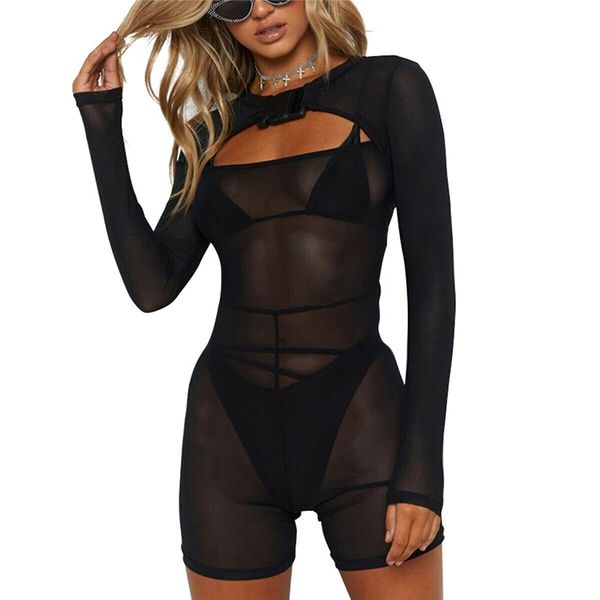 

women buckle neck sheer mesh playsuit ladies summer beach bikini cover up shorts jumpsuit black see through party clubwear, Black;white