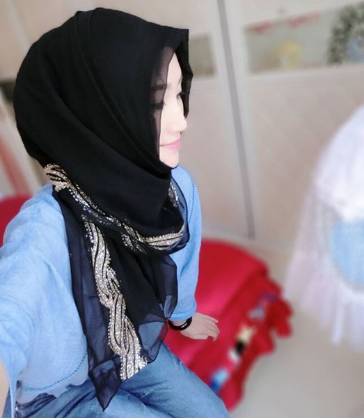 

muslim scarf pearl chiffon gold long scarf hui female hijab #8140, Blue;gray