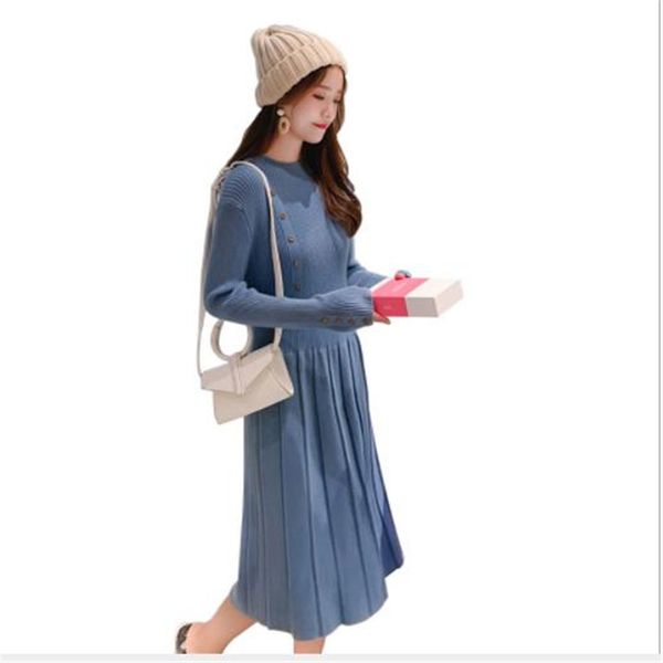 

fashion autumn winter women sweater dress 2019 long knitted jumper pullovers female button bottom slim sweater dress h170, White;black