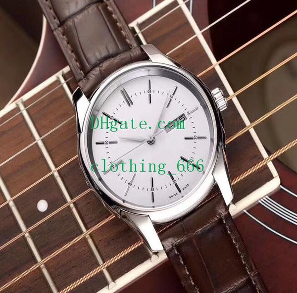 

elling time everose polished dial 39mm automatic mechanical brown leather strap 50505 50509 perpetual new men's watches, Slivery;brown