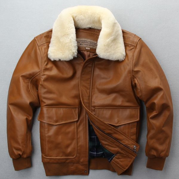 

avirex flight jacket fur collar genuine leather jacket men winter dark brown sheepskin coat pilot bomber, Black