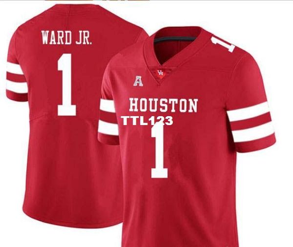 

custom men red hou cougars ward jr #1 real full embroidery college jersey size s-4xl or custom any name or number jersey, Black;red