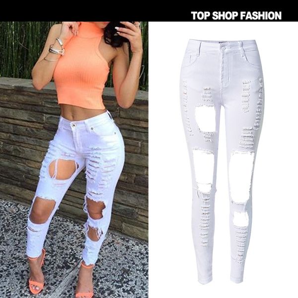 

fashion women stretch faded ripped jeans destroyed vintage white slim fit skinny denim jeans ladies hole pencil pants, Blue