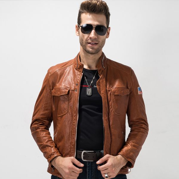 

men's leather jacket slim fit real sheepskin coat 100% genuine leather outerwear rider coat short motorcycle jacket tj03, Black