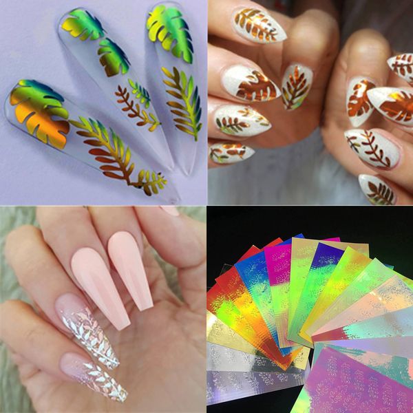 

16pcs water nail decal and sticker flower leaf tree green simple summer slider for manicure nail art watermark tips, Black