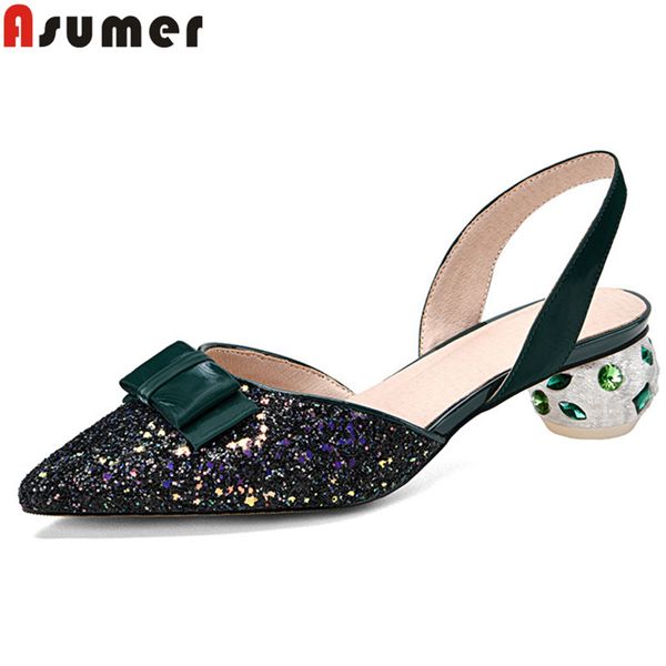 

asumer 2020 party wedding shoes women sandals pointed toe bowknot summer crystal heel comfortable shoes ladies, Black
