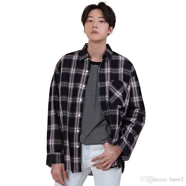 

осень новые мужчины с длинным рукавом плед хлопчатобумажная рубашка мужской высокой уличной моды хип-хоп повседневная свободная рубашка, White;black