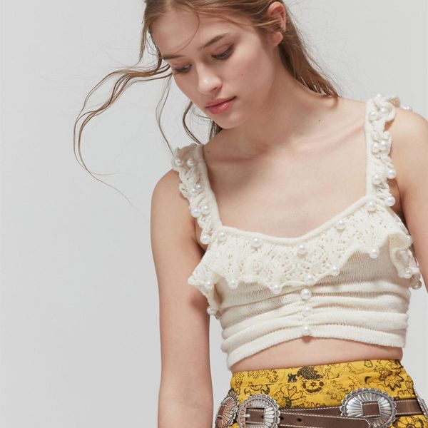 

new style ins pearl knitted lace pleated short camisole for love2020, Black;white