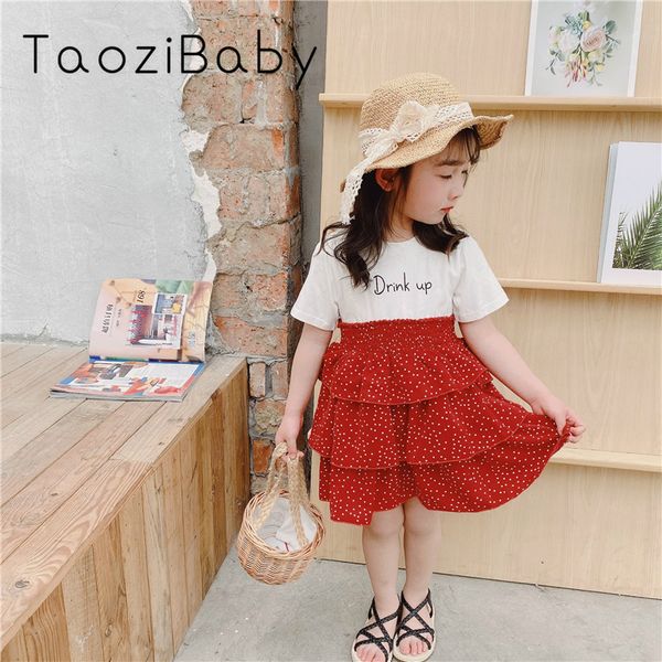 

girls kids party dresses 2020 summer new girls dress polka dot cake dresses chiffon stitching short sleeve dress, Red;yellow