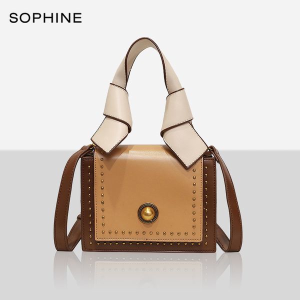 

fashion designer lady style women bag handle panelled rivet flap handbag female shoulder bags