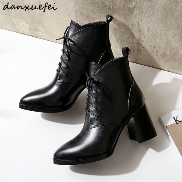 

women's genuine leather thick high heel autumn ankle boots elegant ladies pointed toe warm plush short booties shoes for women, Black