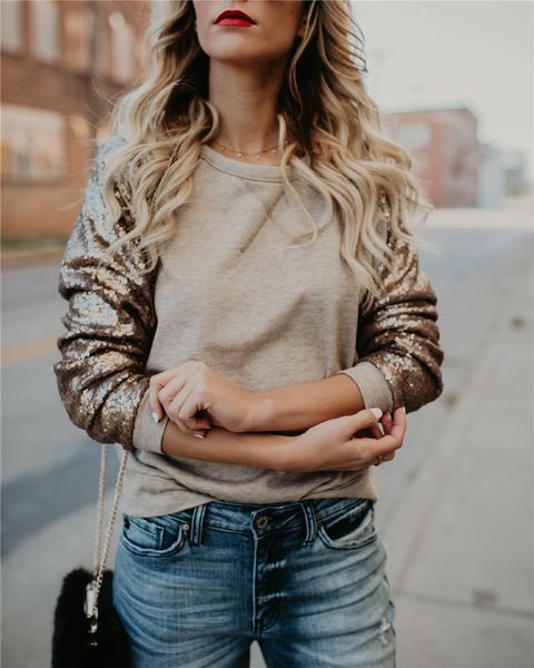 

2020 весна женщин блестки tshirts o шеи щитовые сыпучие женщины тис пуловер мода повседневная женские топы, White