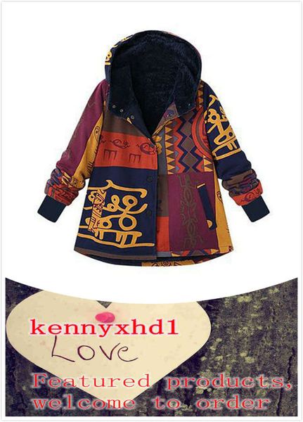 

new large size women's plus velvet thick long-sleeved hooded single-breasted multi-color fashion cotton and linen printed cotton coat, Black