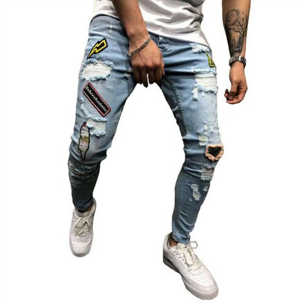 

men's stretchy ripped skinny pants destroyed frayed slim fit denim pants trousers fashion new, Black