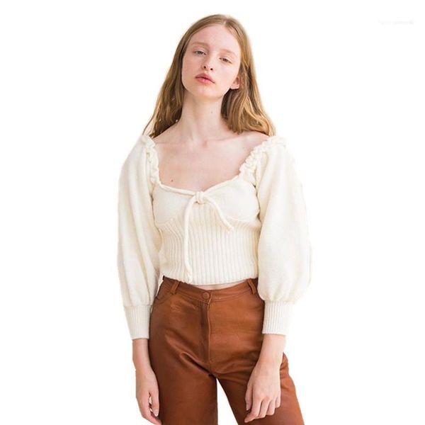 

sweater famale designer clothing womens retro square collar sweater lace up bowknot low cut lantern sleeve short, White