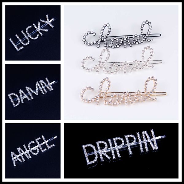 

fashion crystal word hair pins rhinestones hair clips for women letters pin women accessories crystal clip, Golden;white