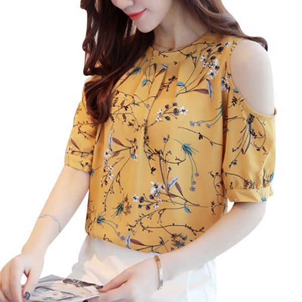 

women clothing blouses for women shoulder cold chiffon floral blouse women regular elegant plus size ladies korea blouses blusas, White