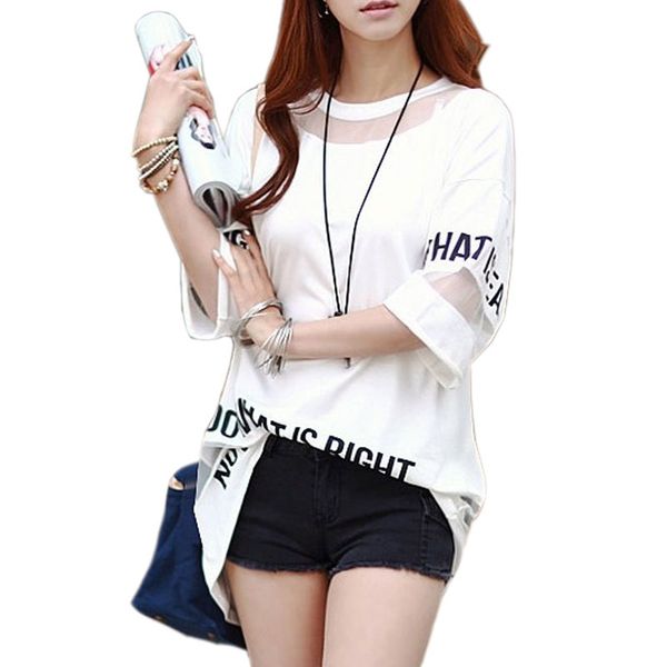 

2019 big size t shirt women summer half sleeve fashion hollow out letter printed long mesh female t-shirt tees, White