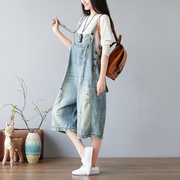 

women plus size holes ripped denim jumpsuits summer 2019 ladies scratched retro loose jeans overalls rompers wide leg pant, Black;white