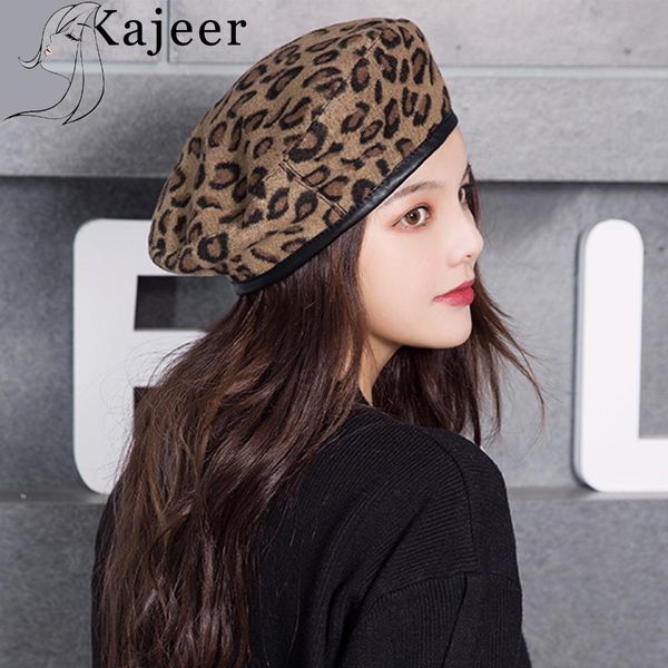 

kajeer leopard beret female autumn winter hats for women vintage painter flat cap boina feminina fashion pu leather brim beanie, Blue;gray
