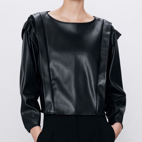 

black pu leather autumn 2019 new fashion women ruffle pullover clothing, White