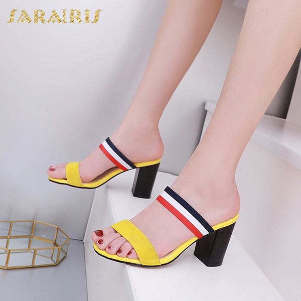 

sarairis new fashion plus size 31-47 peep toe summer pumps mules woman shoes chunky heels slip on shoes woman pumps, Black