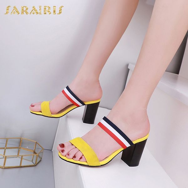 

sarairis новая мода горячей продажи плюс размер 31-47 peep toe летние туфли мулы женская обувь коренастый каблуки скольжения на обувь женщин, Black