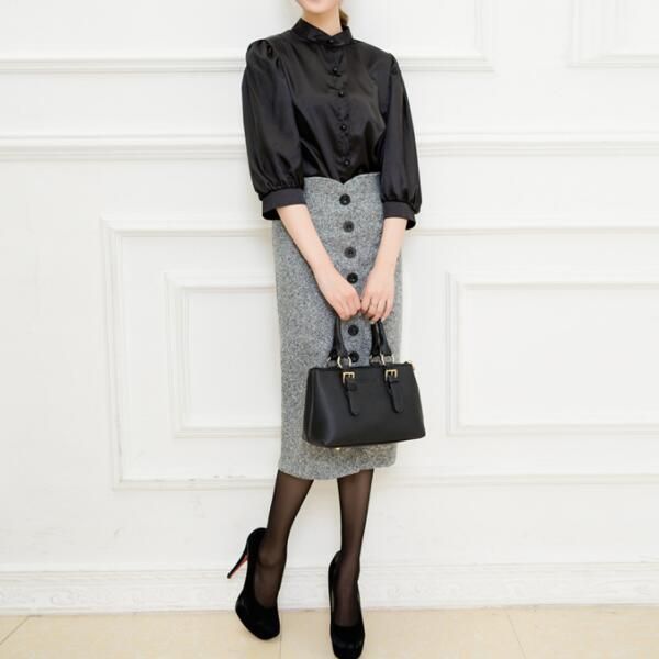 

women high waist knee length pencil skirt female woolen single breasted midi skirts s- dv810, Black